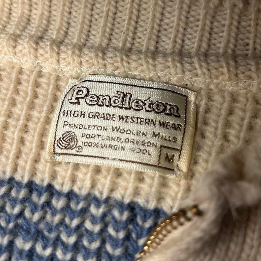 Vintage 1970s Men’s Pendleton Cream And Blue Zip Up Sweater. 100% Virgin Wool - Picture 8 of 8